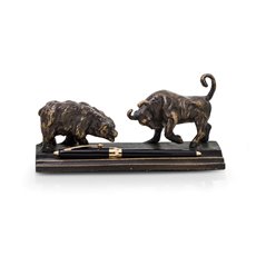 Cast Metal Bull and Bear Double Pen Holder with Bronzed Finish
