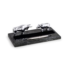 Black Zebra Marble Desk Top Pen Holder with Silver Plated Bull and Bear