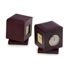 Rosewood Rotating Pen Box with Two 2x2 Frames, Quartz Clock and Personalization 2x2 1/4 Brass Plate