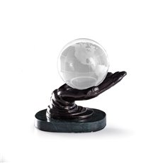 Cast Metal Hand Ball Holder with Bronzed Finish on Green Marble Base