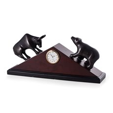 Brass Bull and Bear Quartz Clock on Burl Wood with Black Wood Base