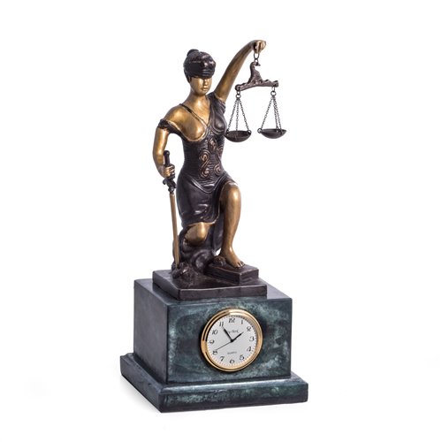 Bronze Kneeling Lady Justice with Quartz Clock on Green Marble Base
