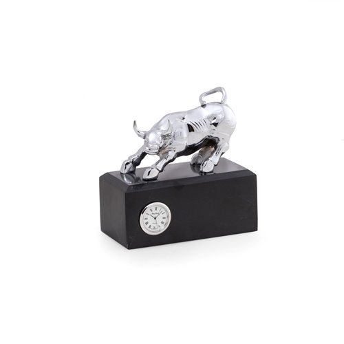 Chrome Bull on Black Marble Base with Quartz Clock