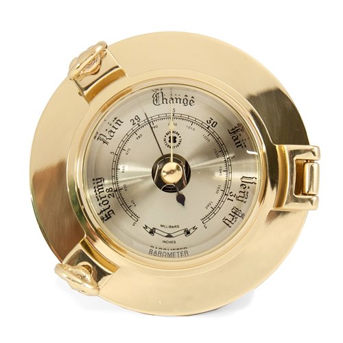 Lacquered Brass Porthole Barometer with Beveled Glass