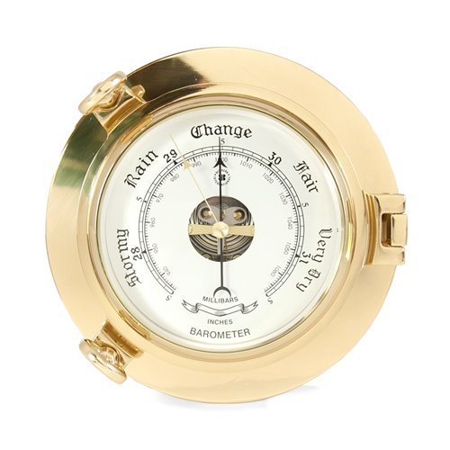 Lacquered Brass Porthole Barometer with Beveled Glass