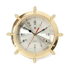 Lacquered Brass Ship's Wheel Quartz Clock with Beveled Glass