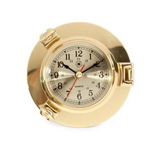 Lacquered Brass Porthole Quartz Clock with Beveled Glass