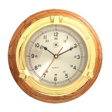 Lacquered Brass Porthole Quartz Clock on Oak Wood