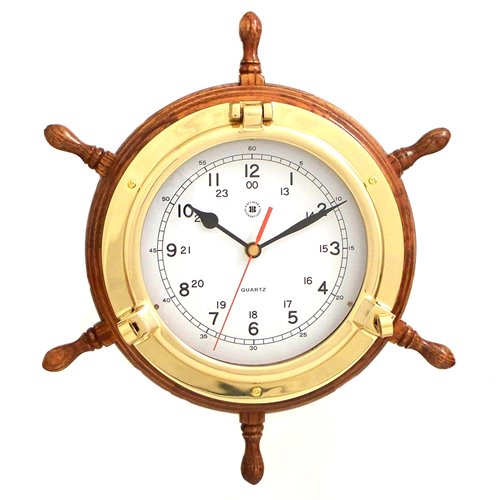 Lacquered Brass Porthole Quartz Clock with Ship's Wheel on Oak Wood