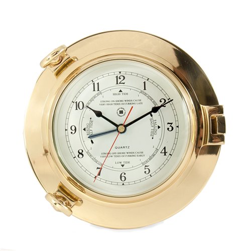 Lacquered Brass Porthole Tide and Time Quartz Clock with Beveled Glass