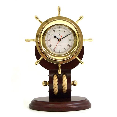 Lacquered Brass Ships Wheel Quartz Clock with Beveled Glass and Fisherman's Rope on Solid Teakwood Base