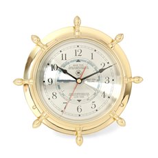 Lacquered Brass Ship's Wheel Tide and Time Quartz Clock with Beveled Glass