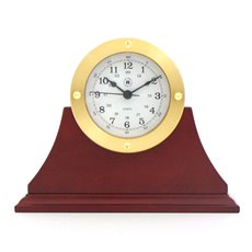 Gold Tone Round Quartz Clock on Mahogany Base