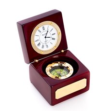 Compass and Clock in Lacquered Rosewood Hinged Box with Brass Accents