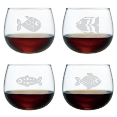 Fish Assortment Etched Stemless Wine Glass Set