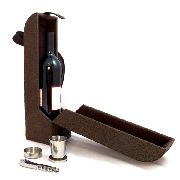 Genuine Leather and Ultra Suede Wine Carrier Set with 2 Cups