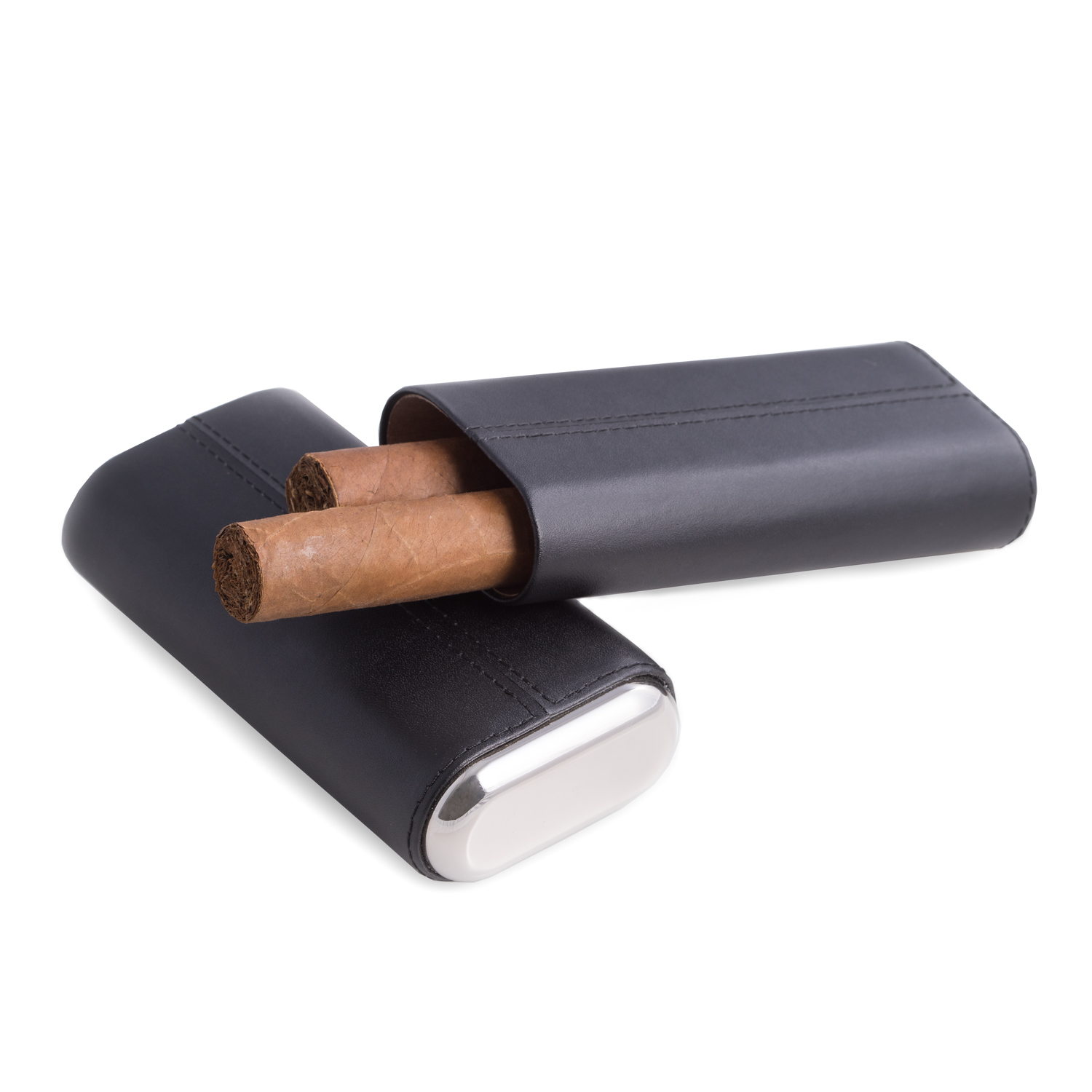 Black Leather with Chrome Three Cigar Holder