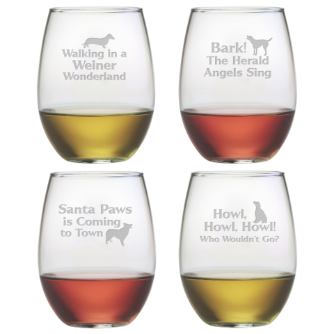 Canine Carols Stemless Wine Glasses (set of 4)