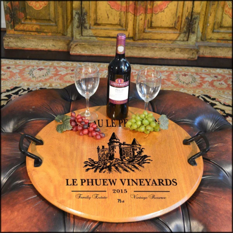 Personalized Barrel Head Serving Tray with Chateau