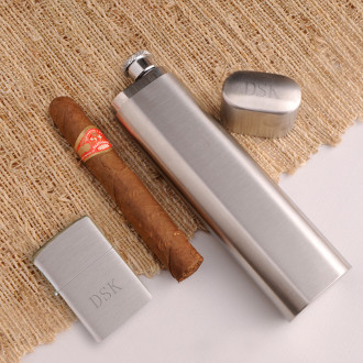 Cigar Case Flask with Brushed Zippo Lighter
