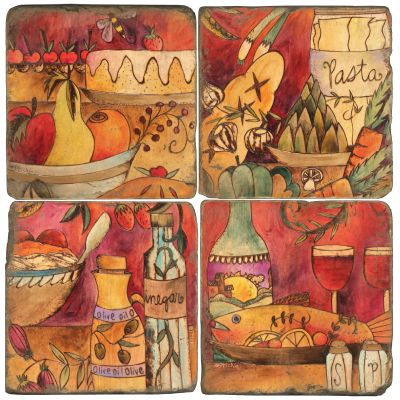 Food and Wine Italian Marble Coasters