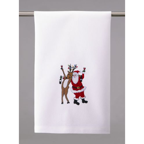 Santa and Reindeer Drinking Buddies Wine Towel