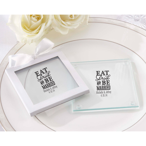 Personalized Eat Drink and Be Married Glass Coaster Wedding Favors (set of 36)