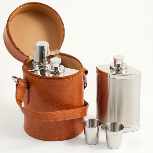 6 Piece Stainless Steel Travel Flask Set in Leather Case