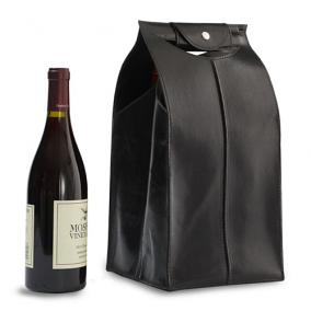 Genuine Leather 4 Bottle Wine Bag, Black