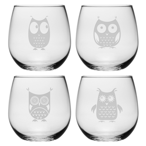 Assorted Owls Stemless Wine Glasses (set of 4)