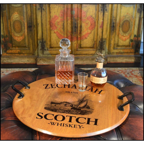 Personalized Scotch Barrel Head Serving Tray with Handles