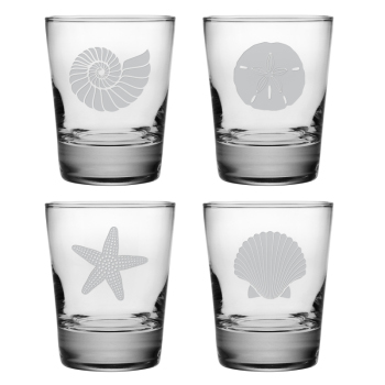 Seashore Etched Double Old Fashioned Glasses (set of 4)