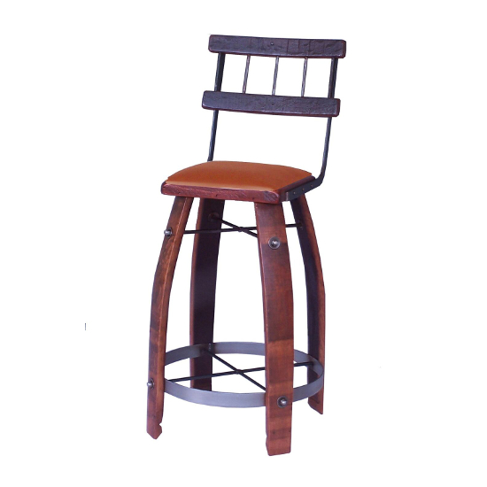 Wood Stave Stool with Back and Tan Leather Seat